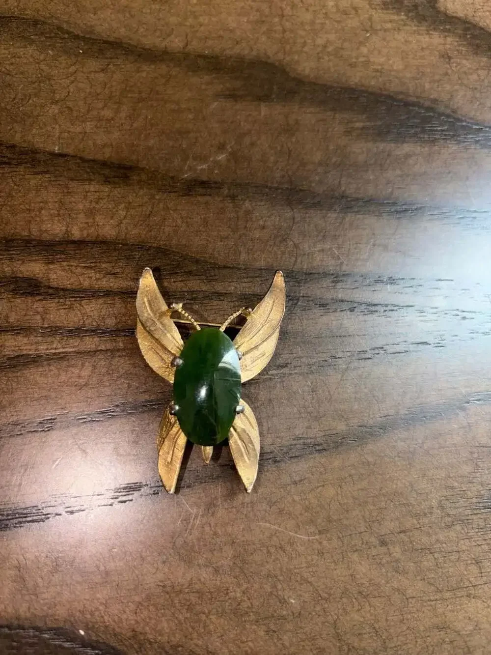 Vintage 1960s Gold Tone Butterfly Brooch with Nephrite Stone